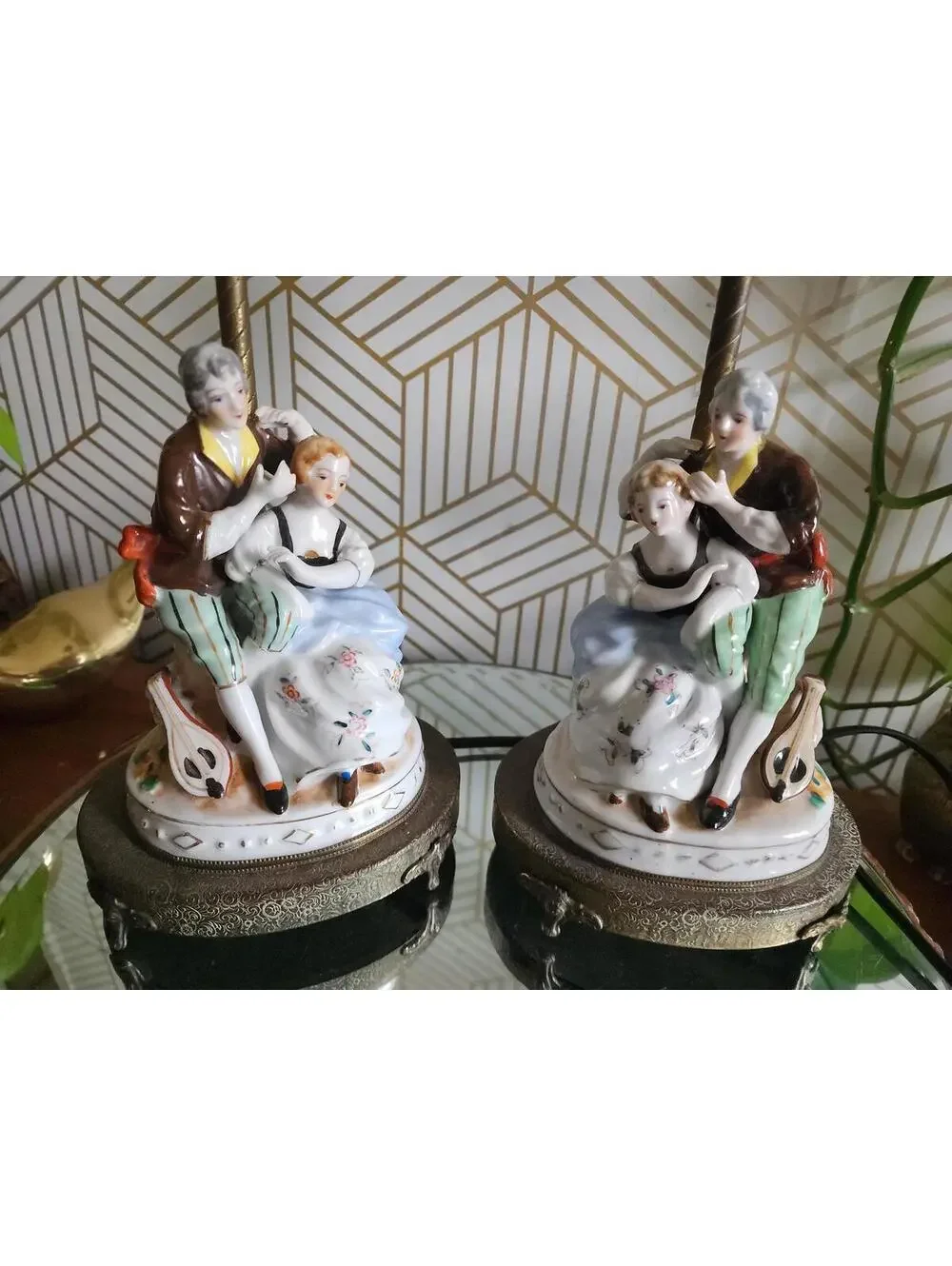 Vintage 1940s Pair of Porcelain Colonial Figural Lamps on Ornate Brass Bases